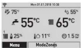 Mon 01.01.2018 10:30 75° 55°C 65°C 25% 11°C 1.5 Menu ModeZones