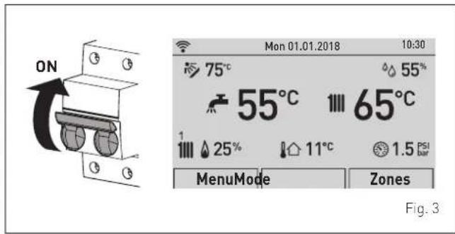 ON 75°C 55% 55°C 65°C 1 25% 11°C 1.5 PSI bar MenuMode Zones Mon 01.01.2018 10:30 Fig. 3