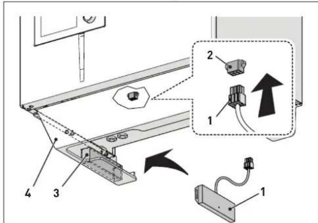 Diagram illustrating cable installation steps with labeled components and directional arrows indicating assembly or connection.