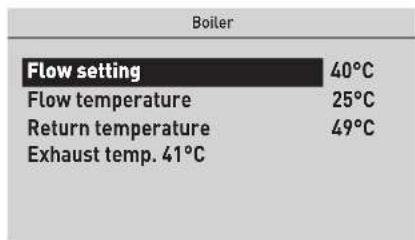 Boiler Flow setting 40°C Flow temperature 25°C Return temperature 49°C Exhaust temp. 41°C