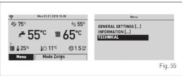 Mon 01.01.2018 10:30 75°C 55°C 65°C 25% 11°C 1.5 Menu Mode Zones Menu GENERAL SETTINGS [...] INFORMATION [...] TECHNICAL Fig. 55