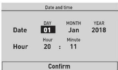 Date and time Date DAY MONTH YEAR 01 Jan 2018 Hour Hour Minute 20 : 11 Confirm