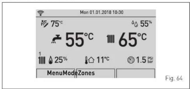 Mon 01.01.2018 10:30 75°C 55°C 65°C 25% 11°C 1.5 PSI bar MenuModeZones Fig. 64