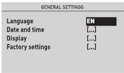 GENERAL SETTINGS Language EN Date and time [...] Display [...] Factory settings [...]