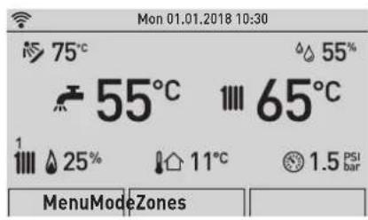 Mon 01.01.2018 10:30 75°C 55°C 65°C 1 25% 11°C 1.5 PSI bar MenuModeZones