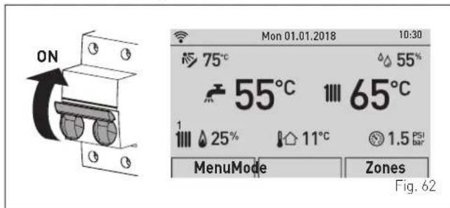 ON 75°C 55% 55°C 65°C 1 25% 11°C 1.5 PSI Bar MenuMode Zones Mon 01.01.2018 10:30 Fig. 62