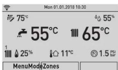 Mon 01.01.2018 10:30 75°C 55°C 65°C 1 25% 11°C 1.5 PSI Bar MenuModeZones