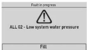 Fault in progress ALL 02 - Low system water pressure Fill
