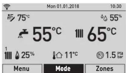 Mon 01.01.2018 75°C 55°C 65°C 1 25% 11°C 1.5 PSI bar Menu Mode Zones
