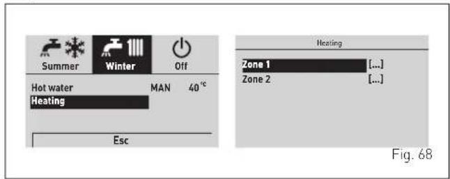 Summer Winter Off Hot water MAN 40 °C Heating Esc Heating Zone 1 [...] Zone 2 [...] Fig. 68