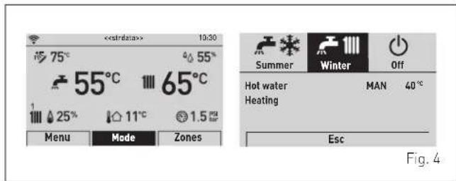 > 10:30 75°C 55° 55°C 65°C 25% 11°C 1.5 μF Menu Mode Zones Summer Winter Off Hot water MAN 40°C Heating Esc Fig. 4