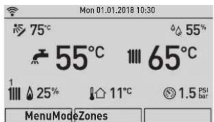 Mon 01.01.2018 10:30 75°C 55% 55°C 65°C 1 25% 11°C 1.5 PSI bar MenuModeZones