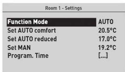 Room 1 - Settings Function Mode AUTO Set AUTO comfort 20.5°C Set AUTO reduced 17.0°C Set MAN 19.2°C Program. Time [...]