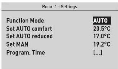 Room 1 - Settings Function Mode AUTO Set AUTO comfort 20.5°C Set AUTO reduced 17.0°C Set MAN 19.2°C Program. Time [...]