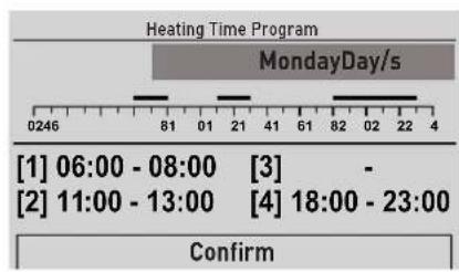 Heating Time Program MondayDay/s 0246 81 01 21 41 61 82 02 22 4 [1] 06:00 - 08:00 [3] [2] 11:00 - 13:00 [4] 18:00 - 23:00 Confirm