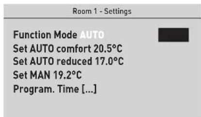 Room 1 - Settings Function Mode AUTO Set AUTO comfort 20.5°C Set AUTO reduced 17.0°C Set MAN 19.2°C Program. Time [...]