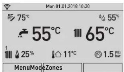 Mon 01.01.2018 10:30 75°C 55°C 65°C 1 25% 11°C 1.5 PSI bar MenuModeZones