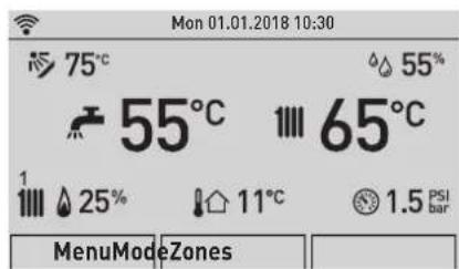 Mon 01.01.2018 10:30 75°C 55% 55°C 65°C 1 25% 11°C 1.5 PSI bar MenuModeZones