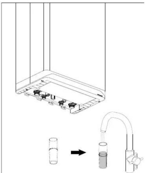 Diagram showing a laboratory setup with a container, tubing, and a test tube, illustrating a chemical or laboratory procedure.