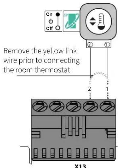 Remove the yellow link wire prior to connecting the room thermostat X13