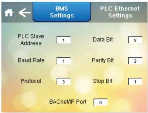 BMS Settings PLC Ethernet Settings PLC Slave Address 1 Data Bit 8 Baud Rate 1 Parity Bit 2 Protocol 3 Stop Bit 1 BACnet/IP Port 0
