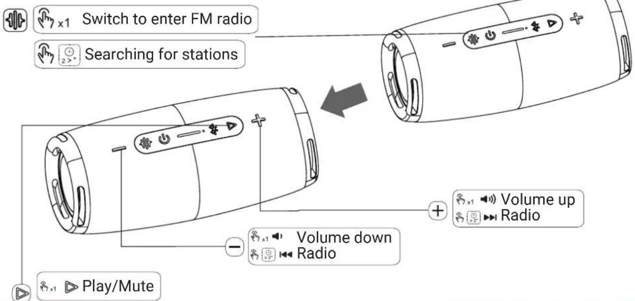 Switch to enter FM radio Searching for stations Volume up Radio Volume down Radio Play/Mute
