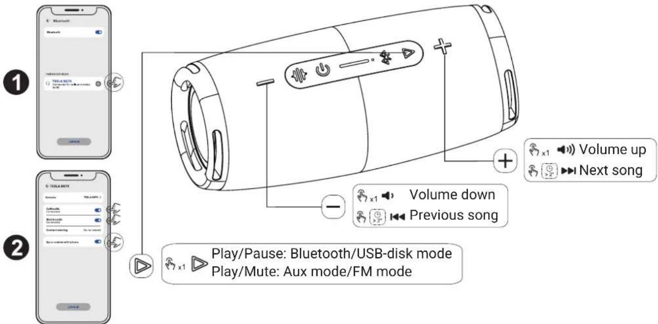 1 2 1 Bluetooth Bluetooth TSLA 8079 Play up Next song Volume down Previous song Play/Pause: Bluetooth/USB-disk mode Play/Mute: Aux mode/FM mode