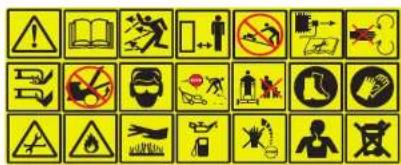 Grid of 24 black-and-white safety warning symbols including warning, protection, and hazard signs