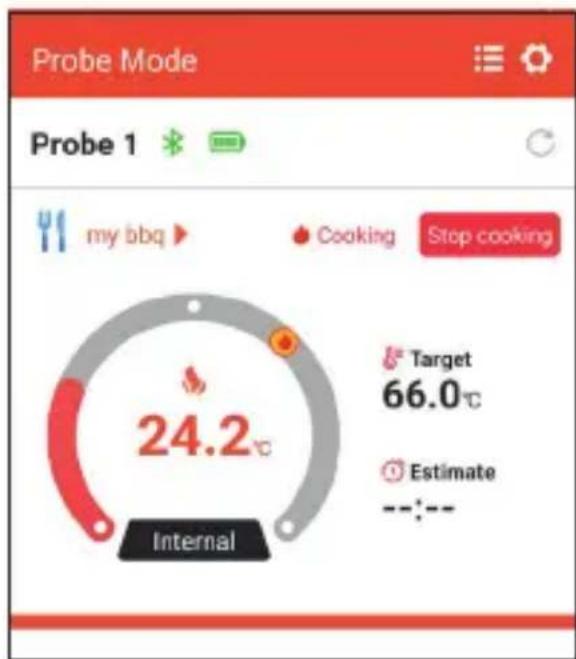 Probe Mode Probe 1 my bbq ▶ Cooking Stop cooking 24.2°C Internal Target 66.0°C Estimate --:--