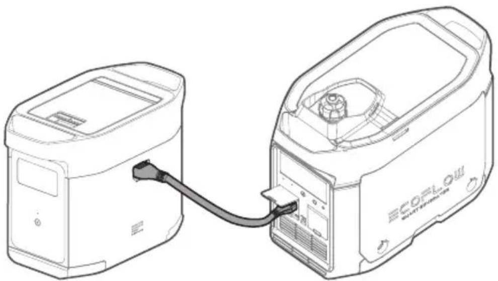 Line drawing of two connected devices, one resembling a battery and the other a device with a speaker (no text or symbols visible)