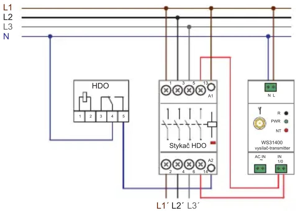 L1 L2 L3 N HDO 1 2 3 4 5 1 3 5 13 A1 Stykač HDO 2 4 6 14 N L R PWR NT WS31400 vysilač-transmitter AC IN IN ~ 1/0 L1' L2' L3'