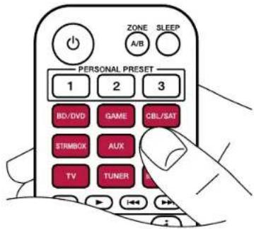 ZONE SLEEP A/B PERSONAL PRESET 1 2 3 BD/DVD GAME CBL/SAT STRIMBOX AUX TV TUNER +/-