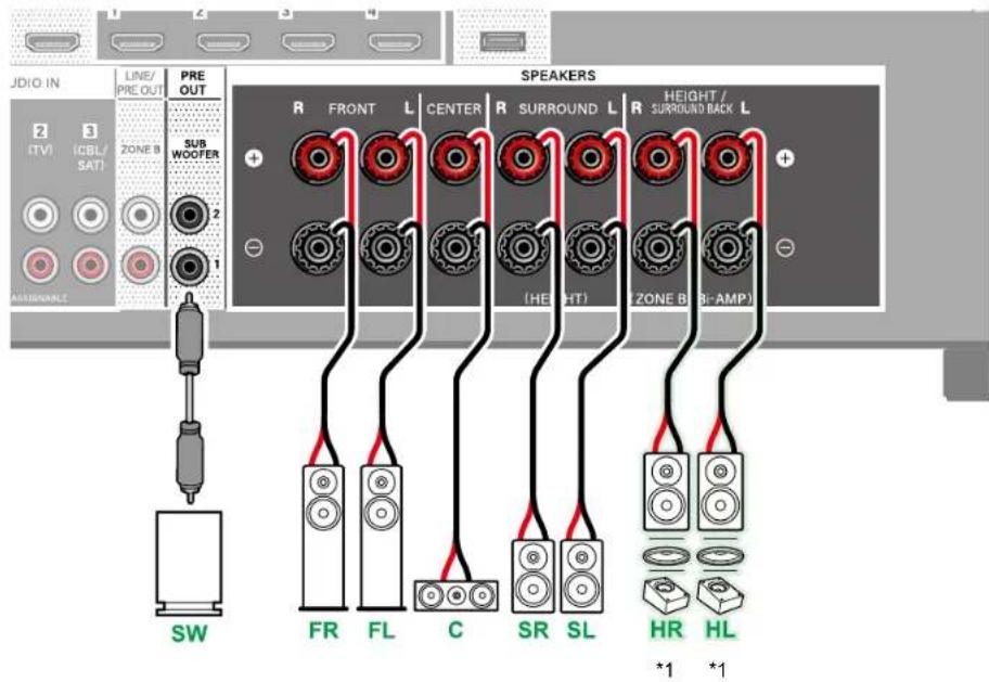 AUDIO IN LINE/ PRE OUT PRE OUT SUB WOOFER 2 1 ASSIGNABLE SW FR FL C SR SL *1 *1 SPEAKERS R FRONT L CENTER R SURROUND L Height / SURROUND BACK L (HEIGHT) (ZONE B BI-AMP)