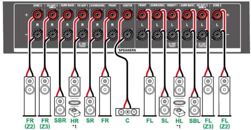 ZONE 2 | HEIGHT 2 | SURR BACK | HEIGHT 1 | SURROUND | FRONT | CENTER | FRONT | SURROUND | HEIGHT 1 | SURR BACK | HEIGHT 2 | ZONE 2 + R R R R R L L L L L L SBR HR SR FR C FL SL HL SBL FL FL (Z2) (Z3) *1 *1 (Z3) (Z2) SPEAKERS