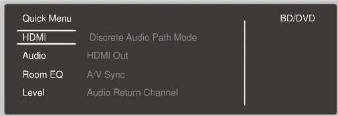 Quick Menu HDMI Audio Room EQ Level Discrete Audio Path Mode HDMI Out A/V Sync Audio Return Channel BD/DVD
