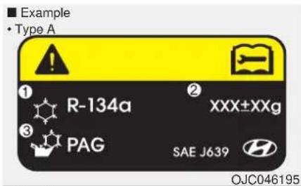 Example • Type A ① R-134a ② XXX±XXg ③ PAG SAE J639 OJC046195