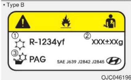 • Type B ① R-1234yf ② XXX±XXg ③ PAG SAE J639 J2842 J2845 OJC046196