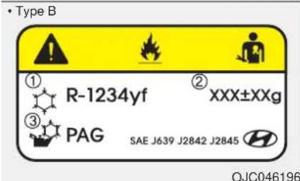 • Type B ① R-1234yf ② XXX±XXg ③ PAG SAE J639 J2842 J2845 OJC046196