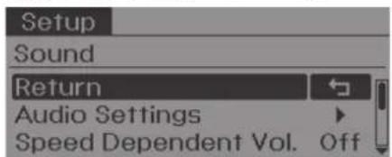Setup Sound Return Audio Settings Speed Dependent Vol. Off