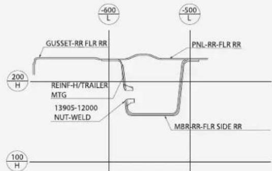 GUSSET-RR FLR RR 200 H REINF-H/TRAILER MTG 13905-12000 NUT-WELD -600 L -500 L PNL-RR-FLR RR MBR-RR-FLR SIDE RR 100 H