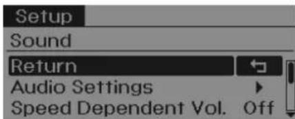 Setup Sound Return Audio Settings Speed Dependent Vol. Off