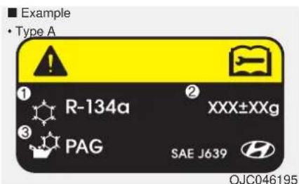 Example • Type A ① R-134a ② XXX±XXg ③ PAG SAE J639 OJC046195
