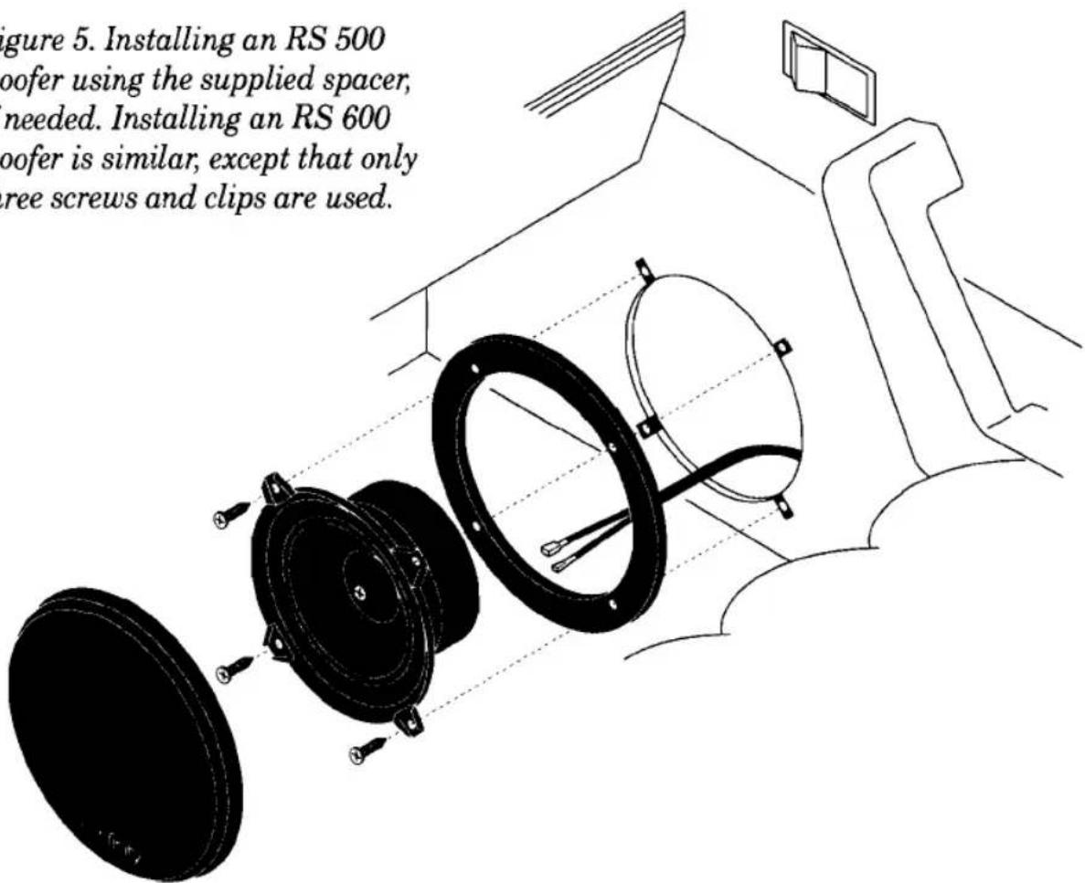 Figure 5. Installing an RS 500 woofer using the supplied spacer, needed. Installing an RS 600 woofer is similar, except that only free screws and clips are used.