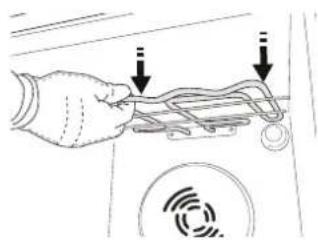 Diagram showing hand operating a device with two arrows pointing to the screen and a circular sensor icon below