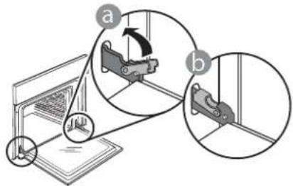 Diagram illustrating mechanical assembly steps with labeled components a and b, showing motion directions and component placement.