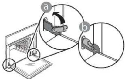 Diagram illustrating mechanical assembly steps with labeled components a and b, showing motion directions and alignment.