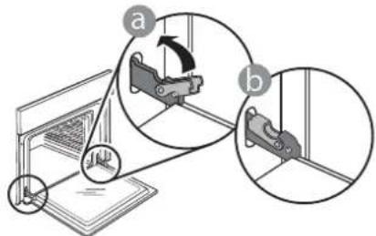 Diagram illustrating mechanical assembly steps with labeled components a and b, showing motion directions and alignment.