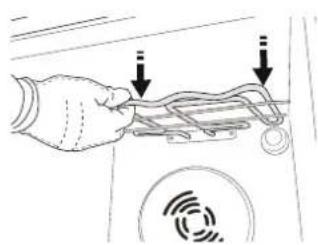 Diagram showing hand holding a device with two arrows pointing to a component, and a circular icon with a fingerprint pattern at the bottom.