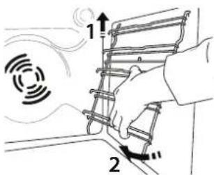 Diagram illustrating airflow or heat transfer process with labeled components 1 and 2, showing a hand holding a spring-like structure.
