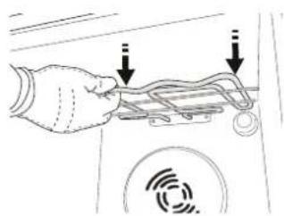 Diagram showing hand holding a device with two arrows pointing to a component, and a circular icon with a fingerprint symbol nearby.